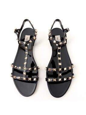 VALENTINO | Rockstud Gladiator Jelly Sandals Black PVC Gold Studs EU 41